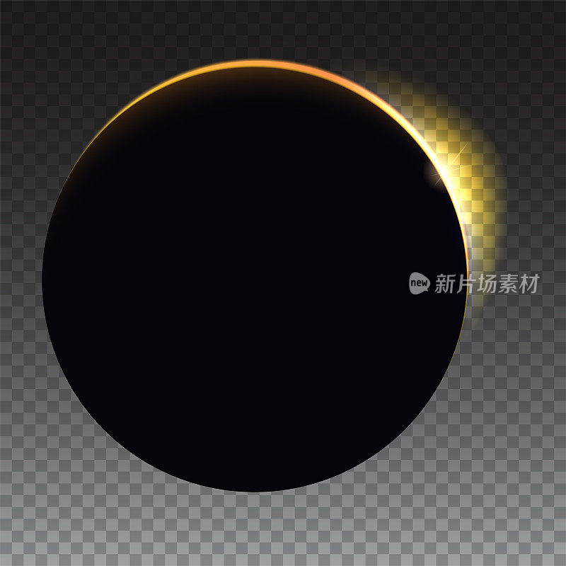 Minimalist with a flare to the right Solar eclipse - full sun eclipse. Blurred light rays on black backdrop. Glow light effect. Isolated on transparent background
